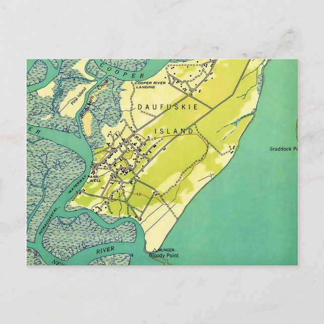 Tarjeta postal del mapa de la isla Daufuskie SC (Anverso)