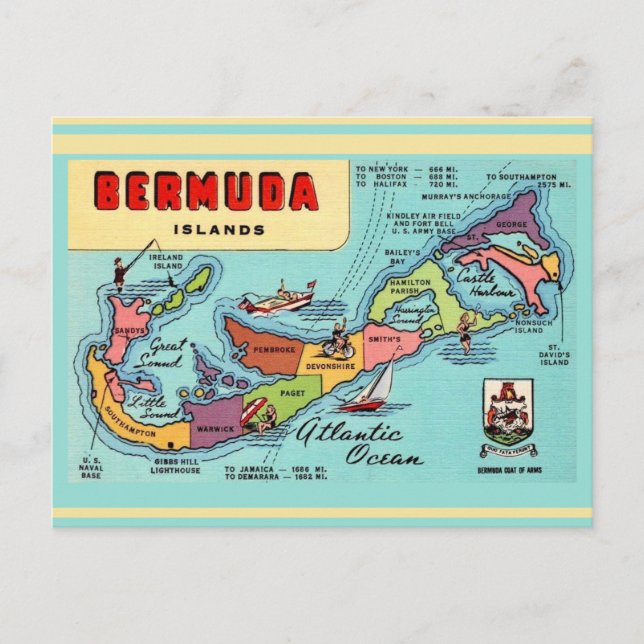 Tarjeta postal del mapa de la isla de Bermudas (Anverso)