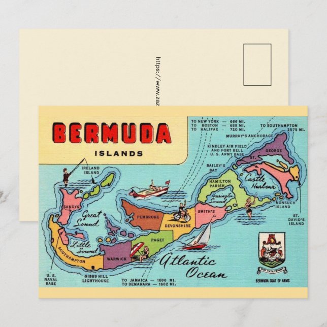 Tarjeta postal del mapa de la isla de Bermudas 5x7 (Anverso / Reverso)