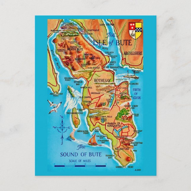 Tarjeta postal del mapa de la isla de Bute (Anverso)