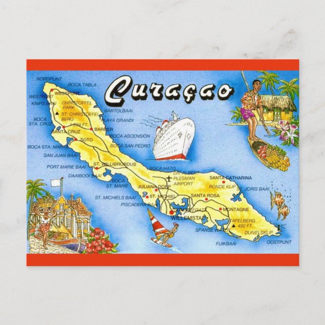 Tarjeta postal del mapa de la isla de Curazao (Anverso)