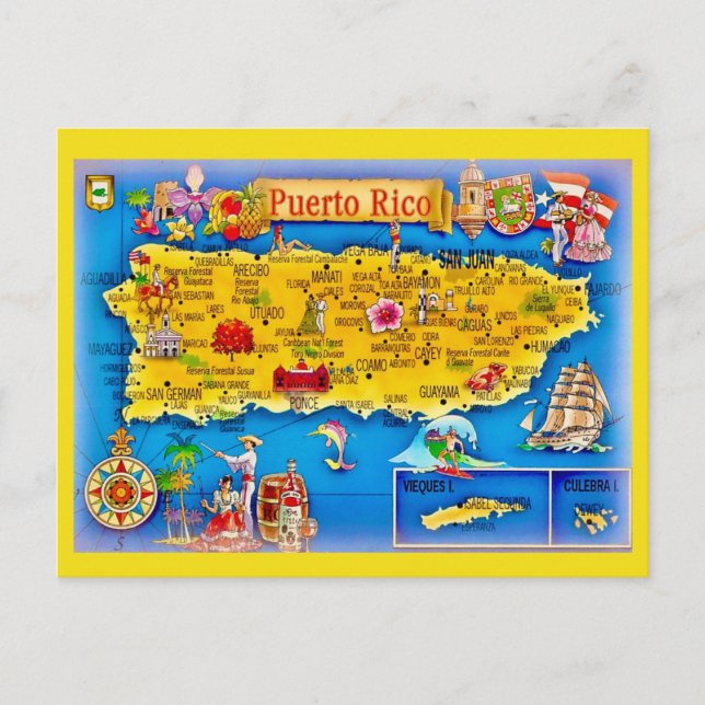 Tarjeta postal del mapa de la isla de Puerto Rico (Anverso)