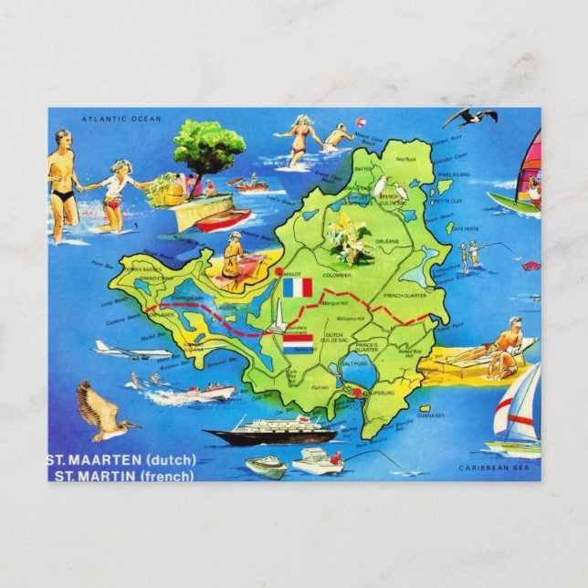 Tarjeta postal del mapa de la isla de San Martín (Anverso)