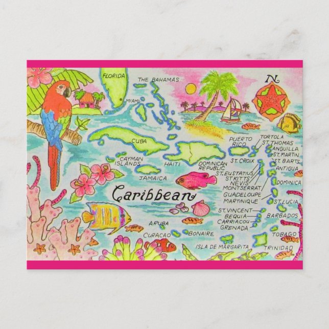 Tarjeta postal del mapa de la isla del Caribe (Anverso)