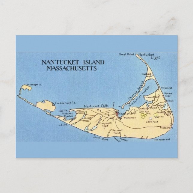 Tarjeta postal del mapa de la isla Nantucket muy a (Anverso)