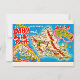Tarjeta postal del mapa de la playa de Oahu Wikiki