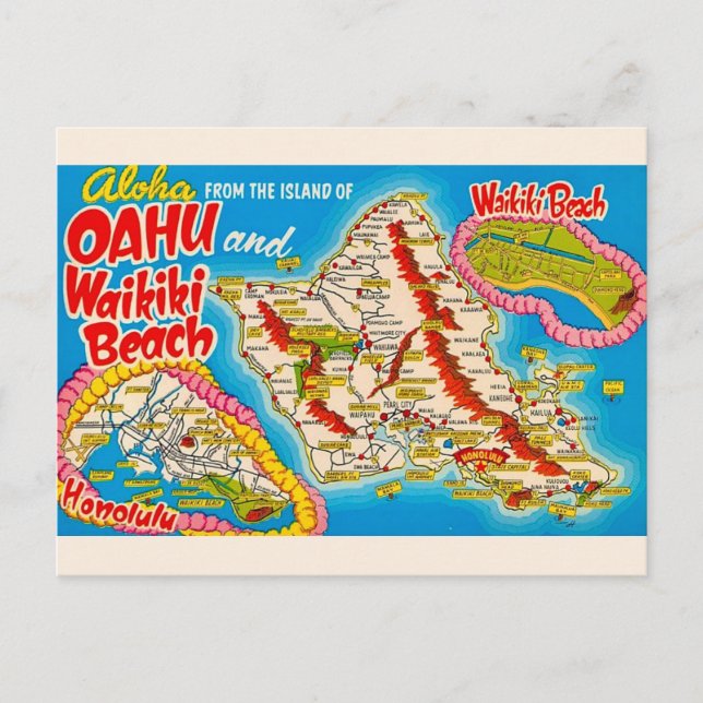 Tarjeta postal del mapa de la playa de Oahu Wikiki (Anverso)