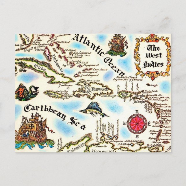 Tarjeta postal del mapa de las Indias Occidentales (Anverso)