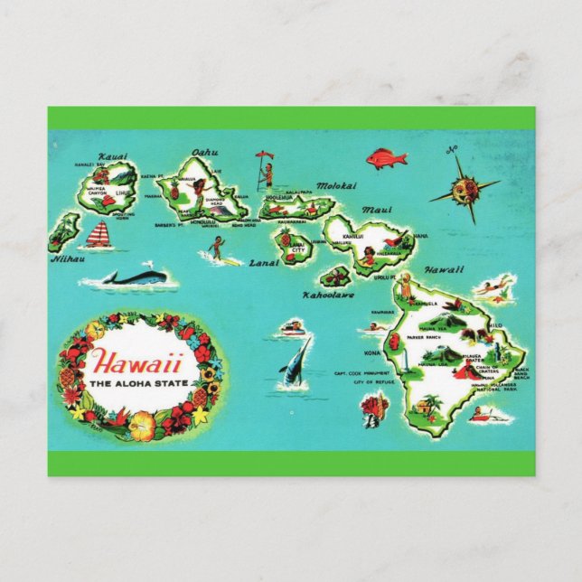 Tarjeta postal del mapa de las Islas Hawaianas (Anverso)