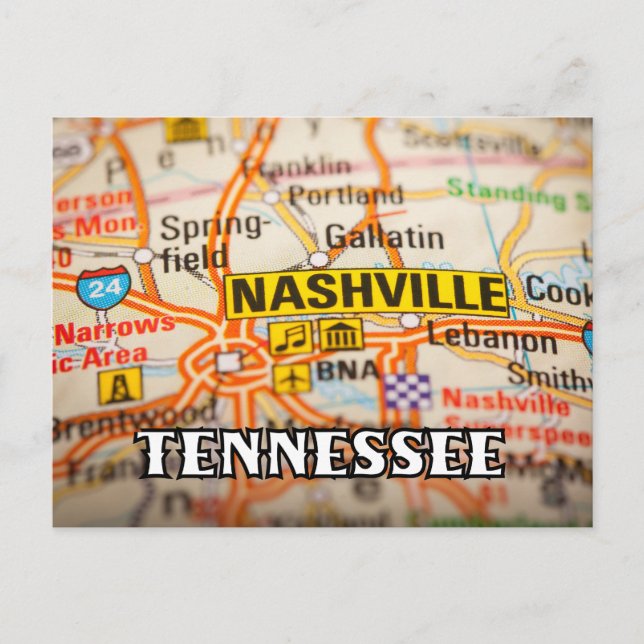 Tarjeta postal del mapa de Nashville Tennessee (Anverso)