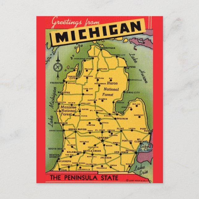 Tarjeta postal del mapa de saludo de Michigan (Anverso)