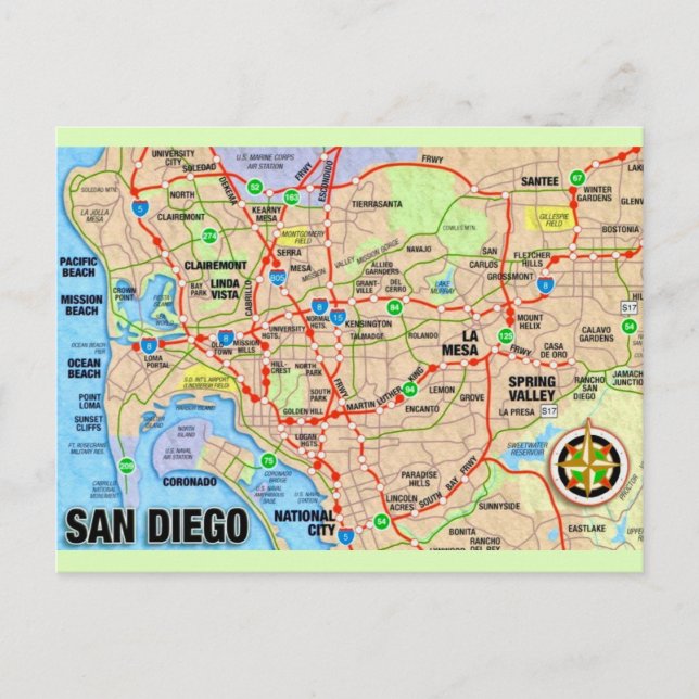 Tarjeta postal del mapa de San Diego CA (Anverso)