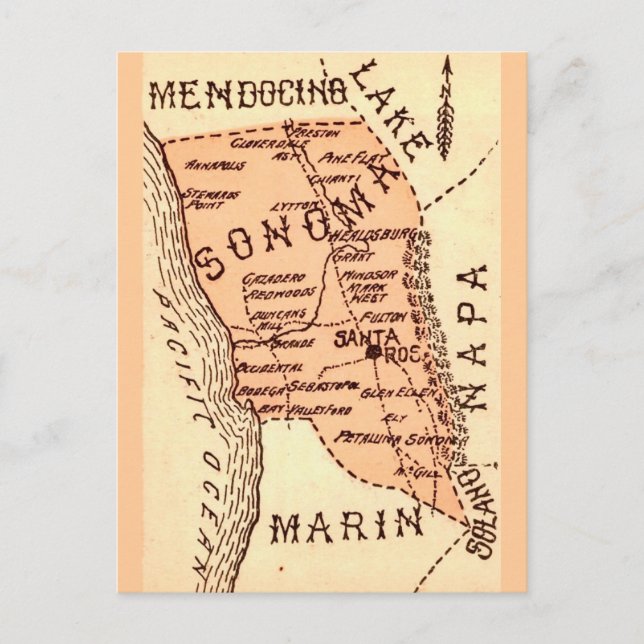 Tarjeta postal del mapa del condado de Sonom Vinta (Anverso)