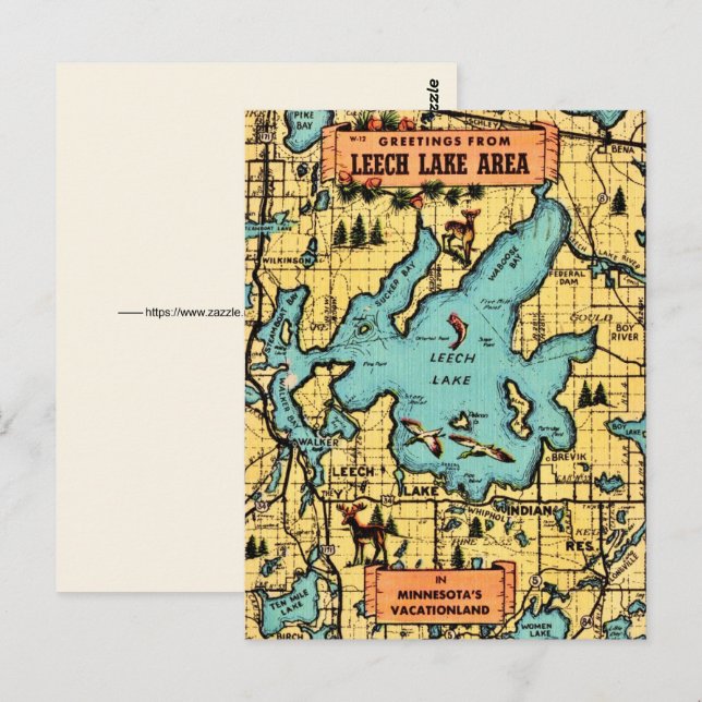 Tarjeta postal del mapa del lago Leech Minnesota (Anverso / Reverso)