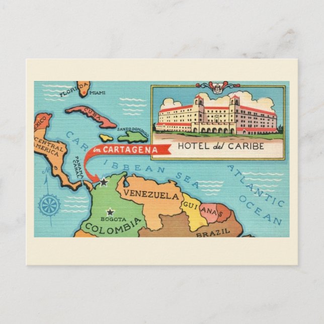 Tarjeta postal del mapa del Mar Caribe (Anverso)