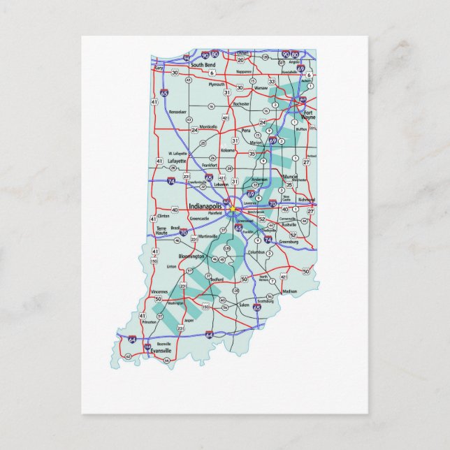 Tarjeta postal del mapa interestatal de Indiana (Anverso)