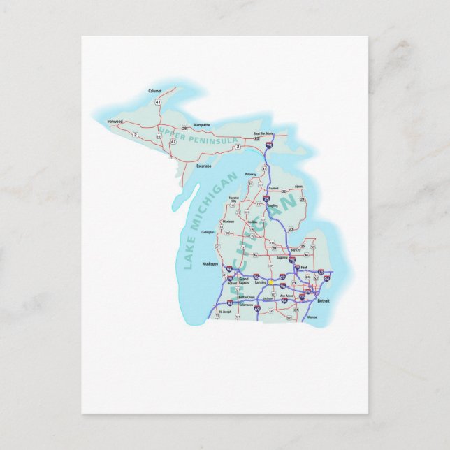 Tarjeta postal del mapa interestatal de Michigan (Anverso)