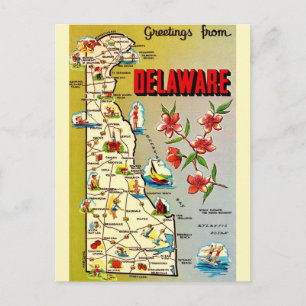 Tarjeta postal del mapa retro de Delaware