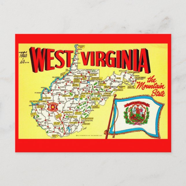 Tarjeta postal del mapa retro de West Virginia (Anverso)