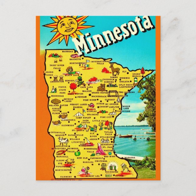 Tarjeta postal del mapa soleado de Minnesota (Anverso)