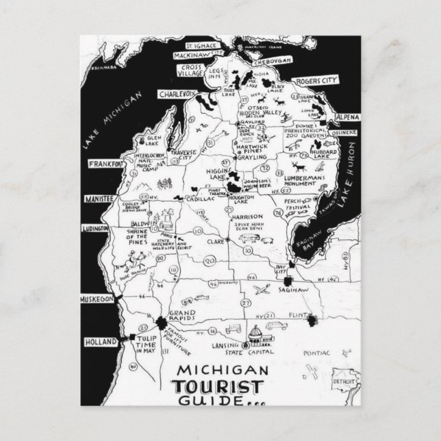 Tarjeta postal del mapa turístico de Michigan (Anverso)