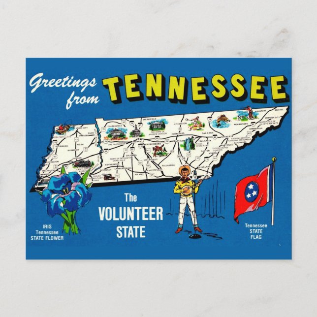 Tarjeta postal del mapa vintage azul de Tennessee (Anverso)
