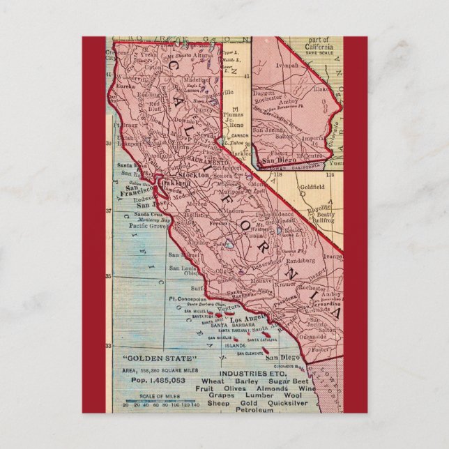 Tarjeta postal del mapa vintage de California (Anverso)
