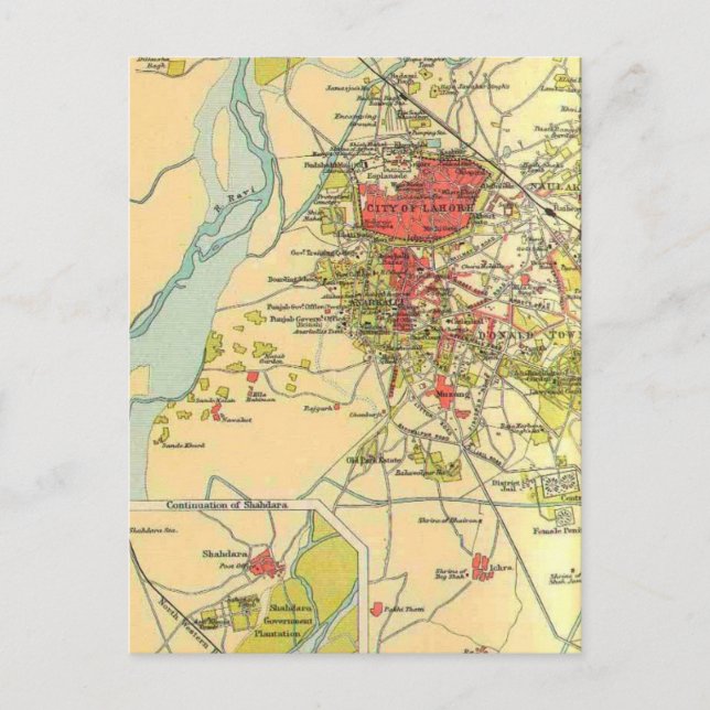 Tarjeta postal del mapa vintage de Lahore (Anverso)