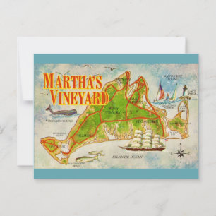 Tarjeta postal del mapa vintage de Martha's Vineya
