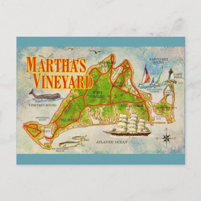 Tarjeta postal del mapa vintage de Martha's Vineya (Anverso)