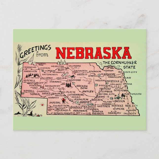 Tarjeta postal del mapa vintage de Nebraska (Anverso)