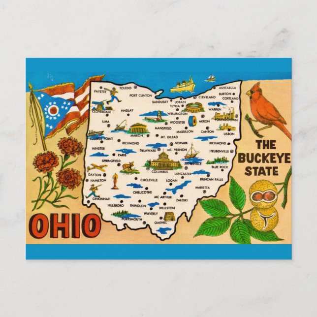 Tarjeta postal del mapa vintage de Ohio (Anverso)