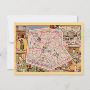 Tarjeta postal del mapa vintage de París Francia