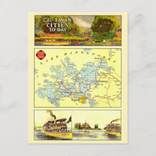 Tarjeta postal del mapa vintage de Twin Cities