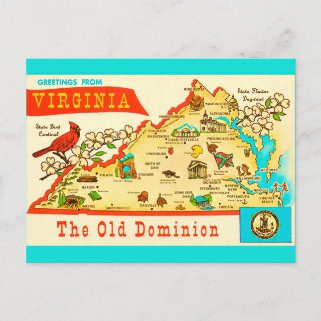 Tarjeta postal del mapa vintage de Virginia (Anverso)