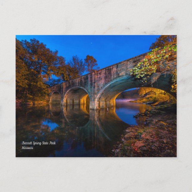 Tarjeta postal del puente Bennett Spring al anoche (Anverso)
