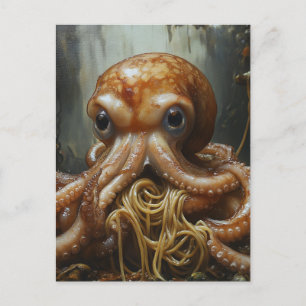 Tarjeta postal del pulpo tonto comiendo espaguetis