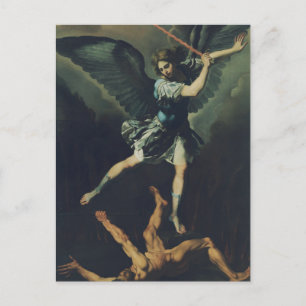 Tarjeta postal del Santo Arcángel Miguel Derrota a