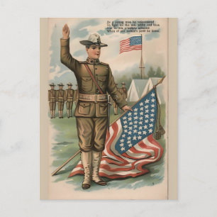 Tarjeta postal del soldado patriótico sosteniendo 