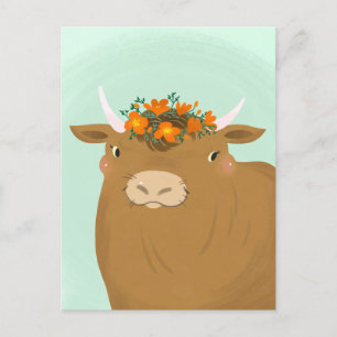 Tarjeta postal del toro marrón con corona de flore