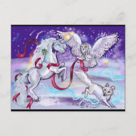 Tarjeta postal del unicornio de vacaciones, búho y