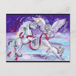 Tarjeta postal del unicornio de vacaciones, búho y