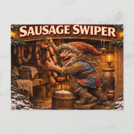 Tarjeta postal del Yule Lad Ladrón de Salchichas