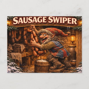 Tarjeta postal del Yule Lad Ladrón de Salchichas