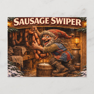 Tarjeta postal del Yule Lad Ladrón de Salchichas