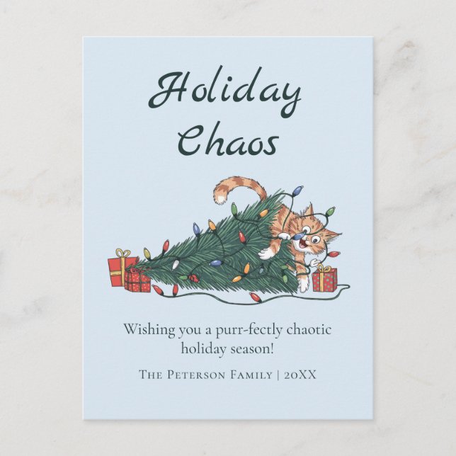 Tarjeta postal divertida de Navidad con gato caóti (Anverso)