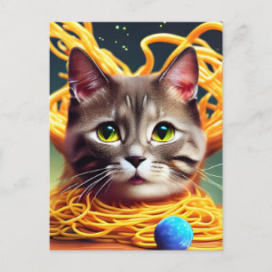 Tarjeta postal divertida de un gato comiendo espag