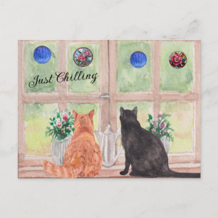 TARJETA POSTAL Dos Gatos en la Ventana Flores Sere