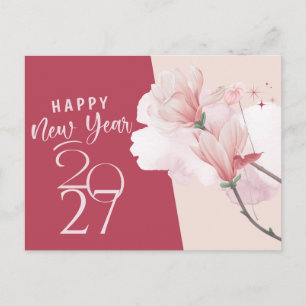 Tarjeta postal elegante de flores rosadas Feliz Añ