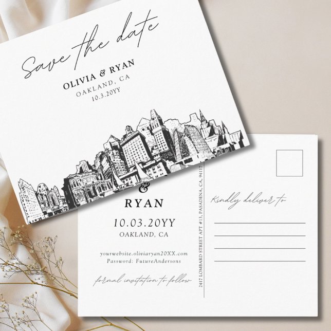 Tarjeta postal elegante de Oakland para guardar la (Oakland Save the Date Postcard Elegant Wedding
)